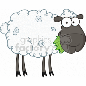 The clipart image features a cartoon sheep with a funny expression. The sheep has a fluffy white body with curly wool patterns, a large grey face with a comedic wide-eyed look, and stands on four slender black legs. A small green tuft, presumably representing foliage, is shown in the sheep's mouth.