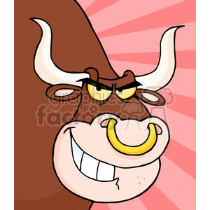 This clipart image features a stylized cartoon depiction of a bull. The character has exaggerated features such as large, curved horns, a prominent yellow nose ring, a big, smiling mouth showcasing several teeth, and thick eyebrows over narrowed eyes that give it a somewhat mischievous or sly expression. The bull is shaded in a medium brown color with lighter tan coloring for the snout area. The background consists of radiant pink stripes that provide a contrasting backdrop to the bull character.