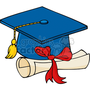 blue graduation cap with a red ribbon diploma  