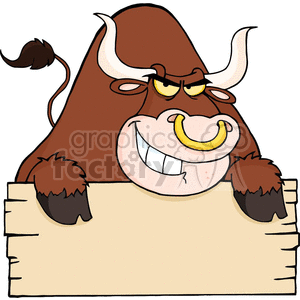 This is a clipart image of a cartoon bull with a humorous and mischievous expression. The bull is brown with a lighter snout, sporting a pair of horns, and a tufted tail. It holds a blank wooden sign with its front hooves, which can be used to add text or messages.