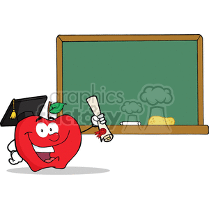 4305-Graduate-Apple-Character-Holding-A-Diploma-In-Front-Of-School-Chalk-Board