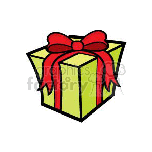 A clipart image of a yellow gift box with a large red bow.