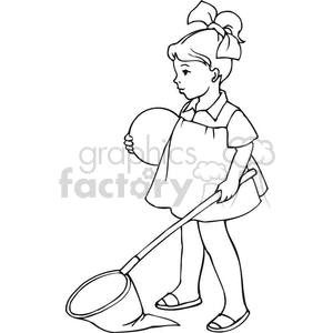 Black and white outline of a little girl with a butterfly net