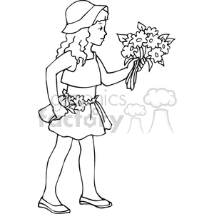 Black and white outline of a girl holding a bouquet of flowers 
