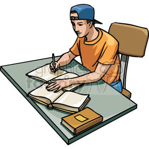 A young man wearing an orange T-shirt and a blue backward cap is sitting at a desk while studying and writing in a book.