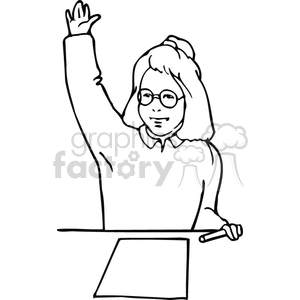 Black and white outline of a student raising her hand 