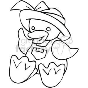 Black and white outline of a duck with overalls hat