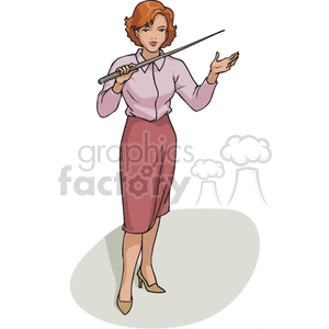 Illustration of a female teacher standing confidently with a pointer, wearing professional attire.