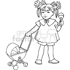 Black and white outline of a little girl with a baby stoller 