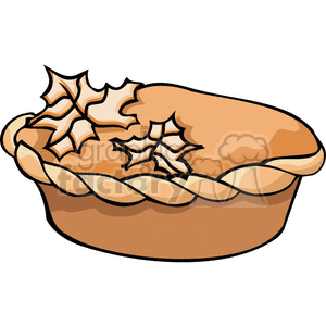 Clipart image of a pie decorated with holly leaves, typically associated with the holiday season.