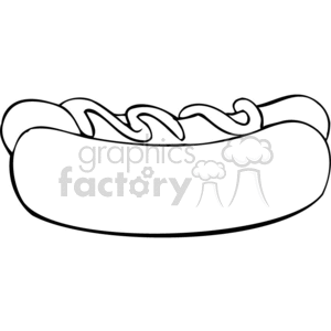 A black and white clipart image depicting a hot dog with mustard on it.