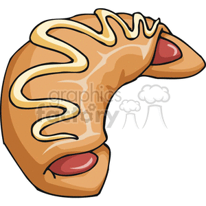 Clipart image of a croissant-shaped pastry with hot dogs and mustard.