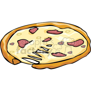 Clipart image of a pepperoni pizza with a thick crust, several slices of pepperoni, and melted cheese.