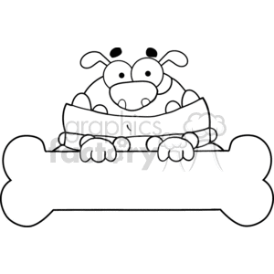 The clipart image features a cartoon-style dog with a friendly and funny expression, perched atop a large bone,w which could be used as a banner or placard. The image is in black and white, suitable for coloring activities or simple illustration purposes.