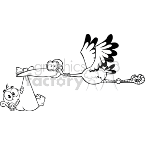 A black and white clipart image of a stork wearing aviator goggles carrying a baby in a bundle.