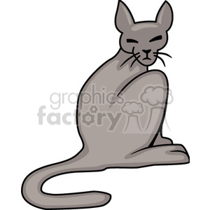 The clipart image depicts a simple illustration of a cat. The cat is seated, with its tail wrapping around its body. It appears to be a domestic cat with a calm demeanor and typical feline features such as pointed ears, whiskers, and a long tail.