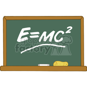   The image shows a green chalkboard with the famous equation E=mc^2 written in white chalk. At the bottom of the chalkboard, there appears to be a light-colored piece of chalk lying horizontally and a yellow sponge with brown spots, likely intended to be a chalk eraser. The frame of the chalkboard is brown, suggesting it