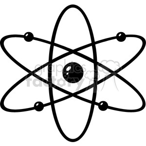   This clipart image depicts a stylized atom symbol, with a central nucleus surrounded by three elliptical orbits, each containing a smaller sphere representing an electron. 
