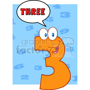 A happy orange cartoon character in the shape of the number three with a speech bubble saying 'THREE' on a light blue background with various numbers.