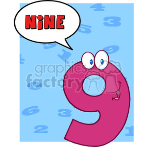 A humorous clipart of the number nine character, depicted in pink with a happy expression and eyes, set against a blue background with scattered numbers. The word 'NINE' is shown in a speech bubble.