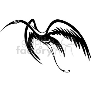 This clipart image features a stylized outline of a crane bird. The bird is displayed in a dynamic pose with its wings spread, which conveys a sense of motion or flight. This silhouette design is simplified and bold, suitable for vinyl cutting or as a tattoo template.