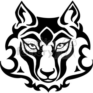The image is a black and white clipart of a stylized canine face, possibly a husky or wolf, designed with tribal tattoo elements. The lines are bold and the image is symmetrical, featuring sharp angles and flowing curves that create an artistic representation of the animal.