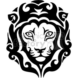 The image is a black and white tribal design clipart of a lion's head. The lion features are stylized with various swirling and curved elements characteristic of tribal art, creating a bold and graphic representation of the animal.
Concise 