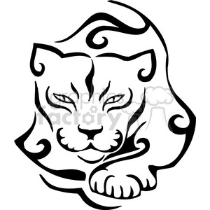 The image is a black and white clipart or vector graphic of a stylized cougar or cat. It features a simplified outline that is vinyl-ready, which indicates that this design can be used for vinyl cutouts, decals, or tattoos. The cougar is depicted with a calm expression, and the design includes tribal or decorative swirls that add an artistic touch.