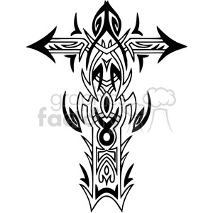 A tribal-style cross design suitable for tattoos and vinyl art, featuring intricate patterns symbolizing religious faith.