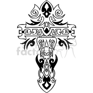 This is a tribal-style cross design featuring intricate patterns and curves, suitable for religious or tattoo art.