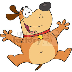 This clipart image features a comical or cartoon-style depiction of a happy, brown dog who is smiling widely. The dog has big, exaggerated eyes, a red collar with a yellow tag, and is striking a playful pose with its limbs outstretched as if it's jumping or welcoming someone.