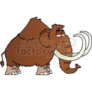 This clipart image depicts a cartoon mammoth. This mammoth has a large, hulking brown body with a hairy texture and a pair of long, curved tusks. It also possesses a small tail with fur on the tip, and its feet exhibit toenails with simple details.