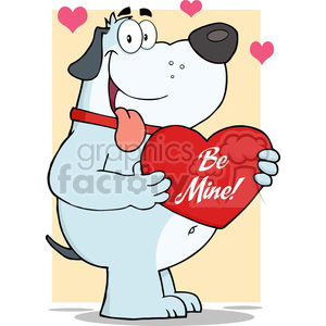   The clipart image features a comical dog hugging a large red heart that has the phrase Be Mine! written on it. The dog is white with grey spots and a large black spot over one eye. It has a happy and slightly goofy expression with its tongue out and is wearing a red collar. The background is beige with small pink hearts floating around, suggesting a theme of love or Valentine