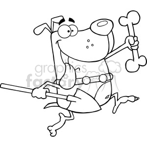   The clipart image depicts a comical cartoon dog holding a bone in one paw and a shovel in the other. The dog has a humorous expression, with a smile and one raised eyebrow, suggesting it