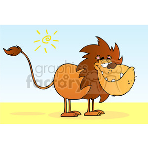   The image is a humorous clipart depiction of a cartoon lion. The lion is standing on a flat surface that gives the impression of a savannah or desert with a light blue sky in the background. The sun is illustrated with a simple, stylized design in the upper left corner of the image. The lion has an exaggerated mane of brown hair, wide, crossed eyes, and a large open mouth that seems to be smiling or laughing. The tail is raised and adds to the comical impression of the character. 