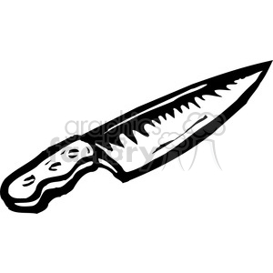   The image is a black and white clipart representation of a knife. The knife has a serrated blade and a decorated handle. The blade