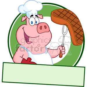   Happy Pig Chef Holding A Steak On Fork Over A Blank Banner 