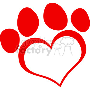 This clipart image features a stylized red paw print that integrates a heart shape within its design. The paw consists of four oval pads arranged in a typical paw print pattern, and the heart shape forms the palm pad area.