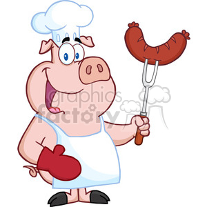   The image depicts a cartoon pig character, wearing a chef