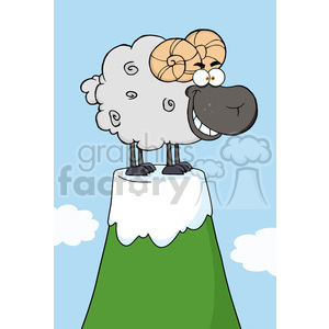 The image is a cartoon-style clipart depicting a funny ram standing on top of a mountain peak. The ram is characterized by exaggerated features such as large spiral horns, a big smiling face, and wide eyes that add to its comical appearance. Its fluffy white body contrasts with the green of the mountain and the blue sky in the background. Below the peak, there are some white clouds floating in the sky.