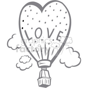 A black and white clipart image of a heart-shaped hot air balloon with the word 'LOVE' written on it, floating among clouds.