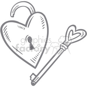 Clipart illustration of a heart-shaped padlock with a key featuring a heart design.