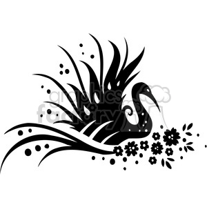 Clipart image of a stylized crane with elaborate feathers surrounded by flowers and decorative elements, all in black and white.