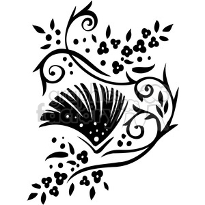 A black and white clipart image featuring a floral design with swirls, leaves, and small blossoms. The intricate pattern includes abstract shapes and artistic elements reminiscent of nature.