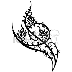 A black and white tribal tattoo design featuring intricate curves, flames, and dots forming an abstract pattern.