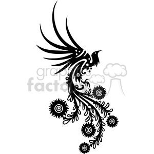 A black and white tribal-style phoenix tattoo design with intricate details, feathers, and circular elements.