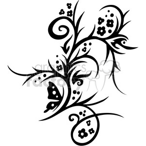 This clipart image features an intricate black floral design with a butterfly. The decorative pattern includes various swirls, flowers, and leaves, creating a delicate and artistic motif.