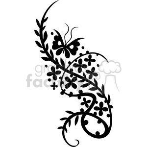 This clipart image features a black silhouette of a floral vine with a butterfly. The design includes various blooming flowers and intertwining leaves.
