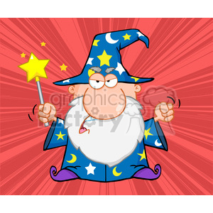 A humorous cartoon wizard character with a white beard, dressed in a blue robe and hat adorned with yellow stars and moons, holding a magic wand with a star on top. The background features radial lines in shades of red.
