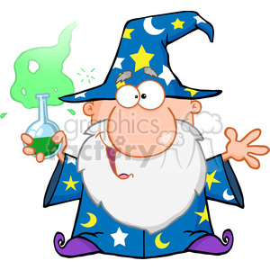 A cheerful cartoon wizard wearing a blue robe and hat adorned with stars and moons, holding a bubbling green potion in a flask.